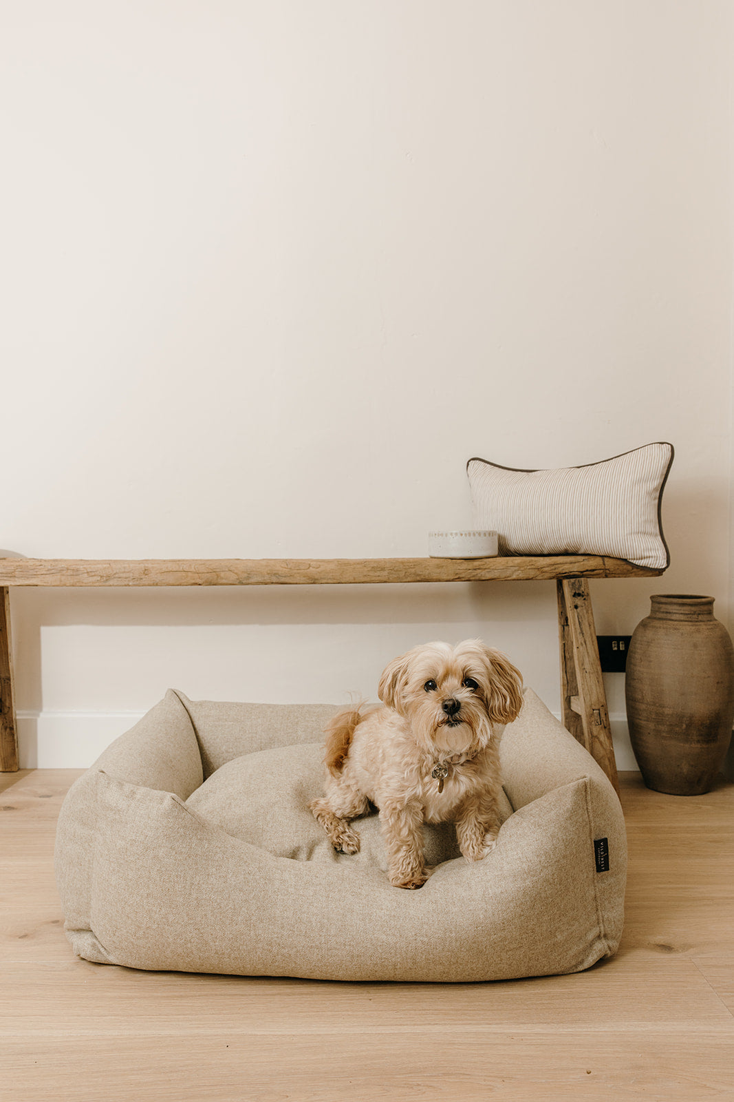 A dog relaxing in a handmade luxury wool dog bed by Wild Nest Cotswolds, upholstered in natural oatmeal fabric and styled in a neutral rustic home interior.